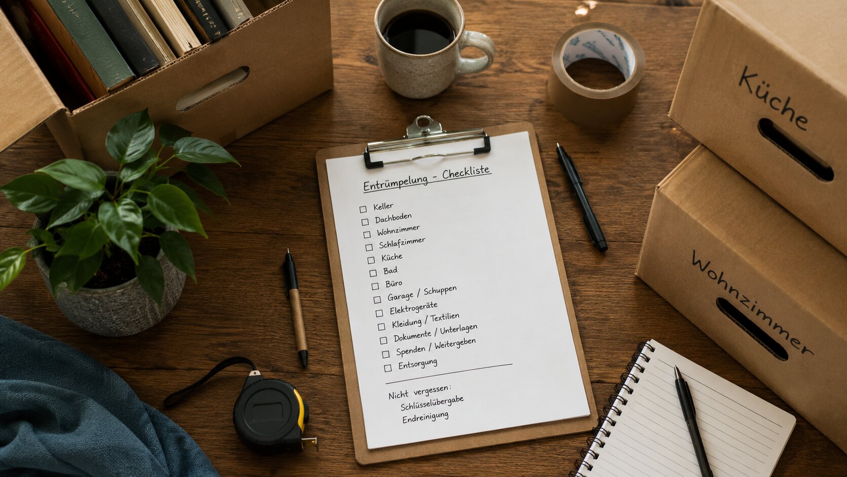 Checkliste mit Umzugskartons — die Buchung vorbereiten